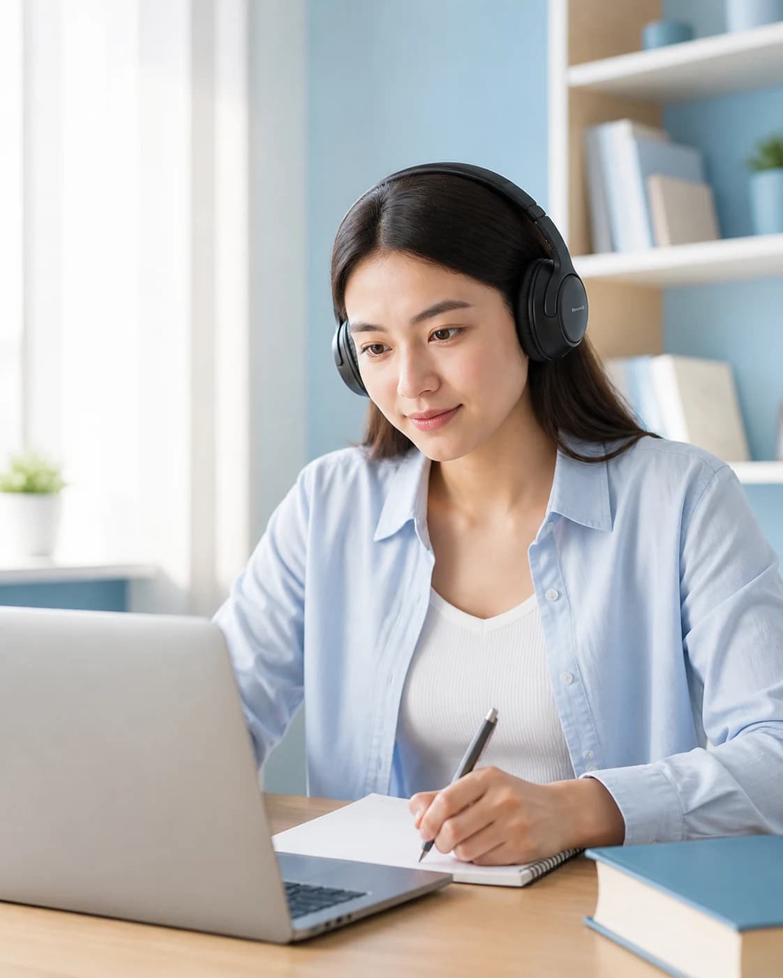A focused female IELTS learner practising at a laptop